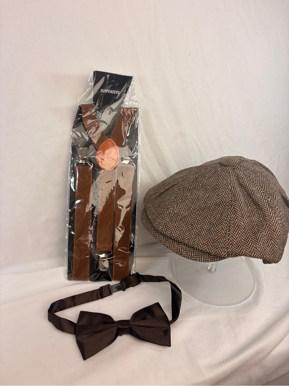 Brown Herringbone Newsboy Cap with Brown Bow Tie & Suspenders Set